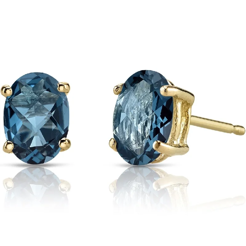 14k Yellow Gold London Blue Topaz Stud Earrings 1.81 ct Oval Shape