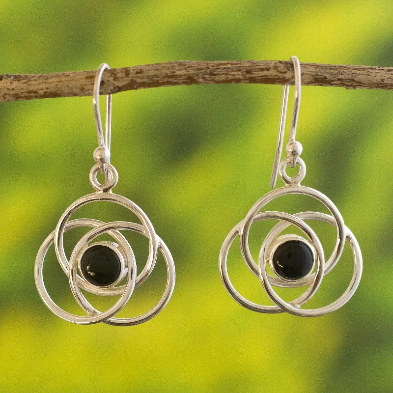 Novica Handmade Floral Orbit Onyx Dangle Earrings