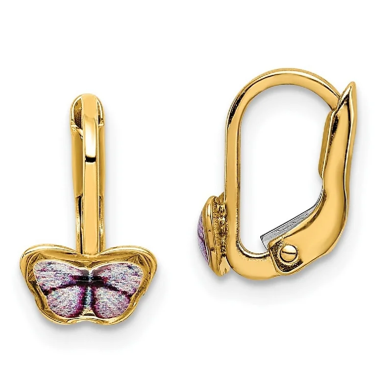 Curata 14k Yellow Gold Childrens Purple Enamel Butterfly Leverback Earrings