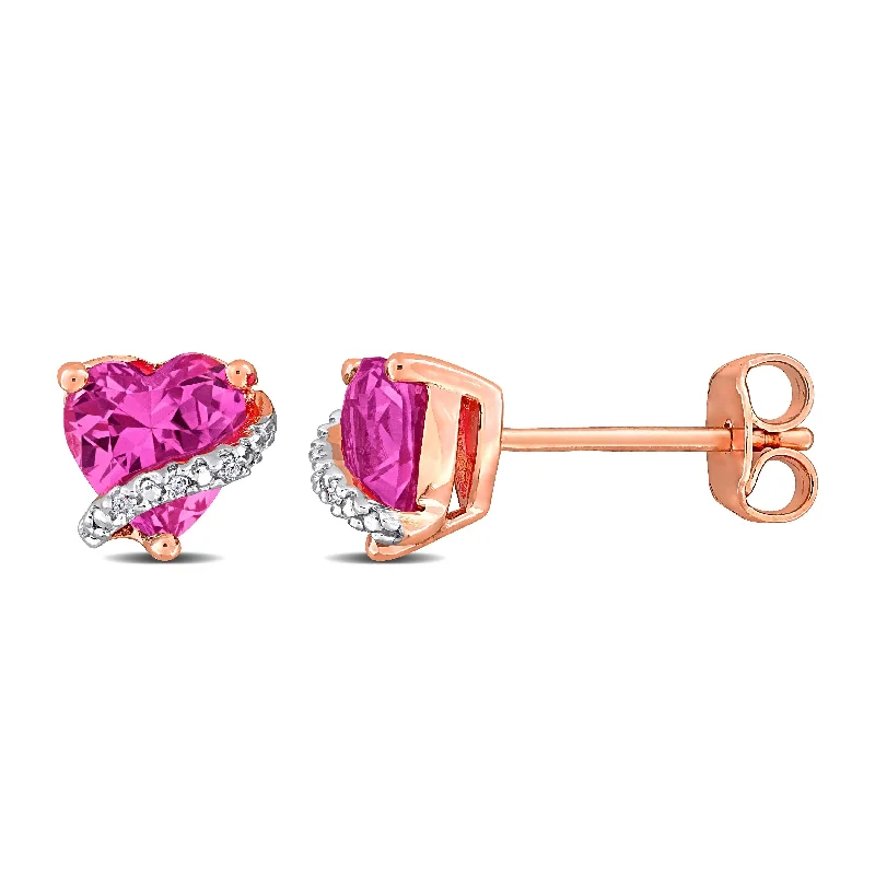 Miadora 2ct TGW Created Pink Sapphire and Diamond Accent Heart Stud Earrings in Rose Silver