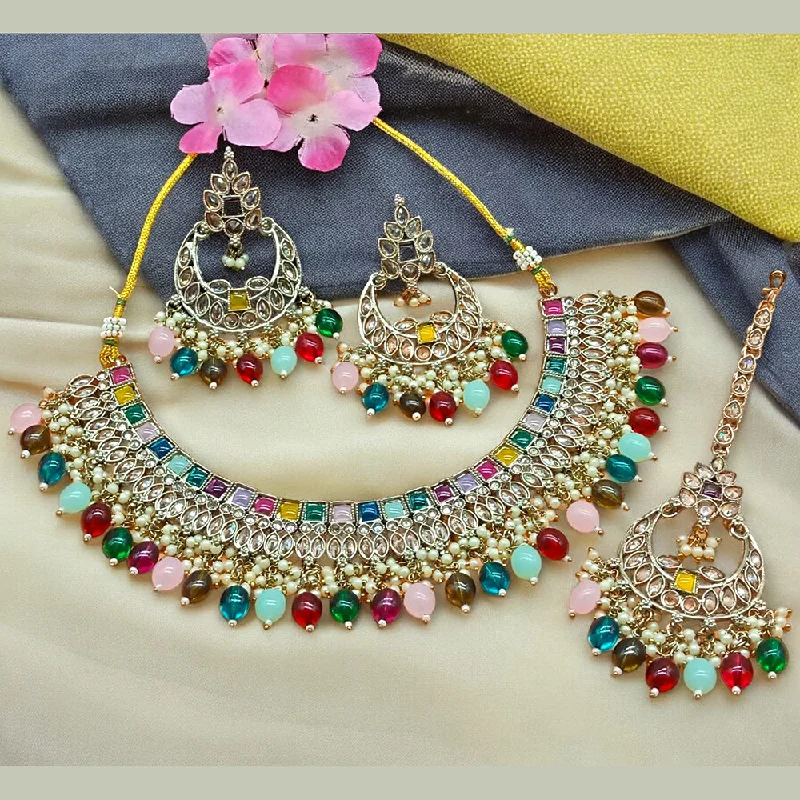 Gehana Mahal Gold Plated Crystal Stone Pearl And Beads Necklace Set