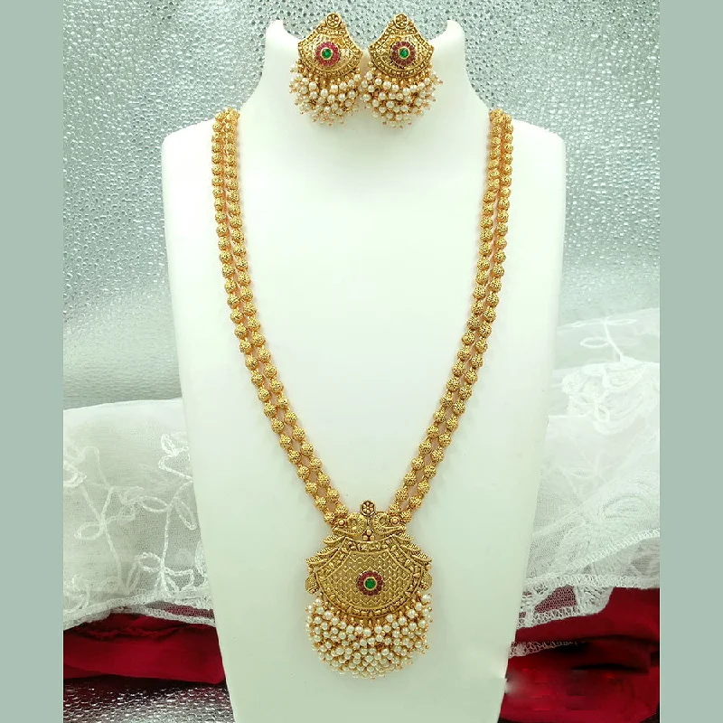 Joyful Jewel Art Matte Gold Plated Pota Stone And Pearl Long Necklace Set