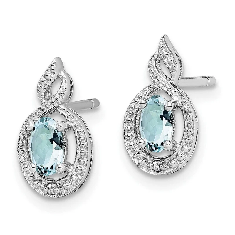 Curata 925 Sterling Silver 13x7mm Aquamarine and Diamond Post Earrings