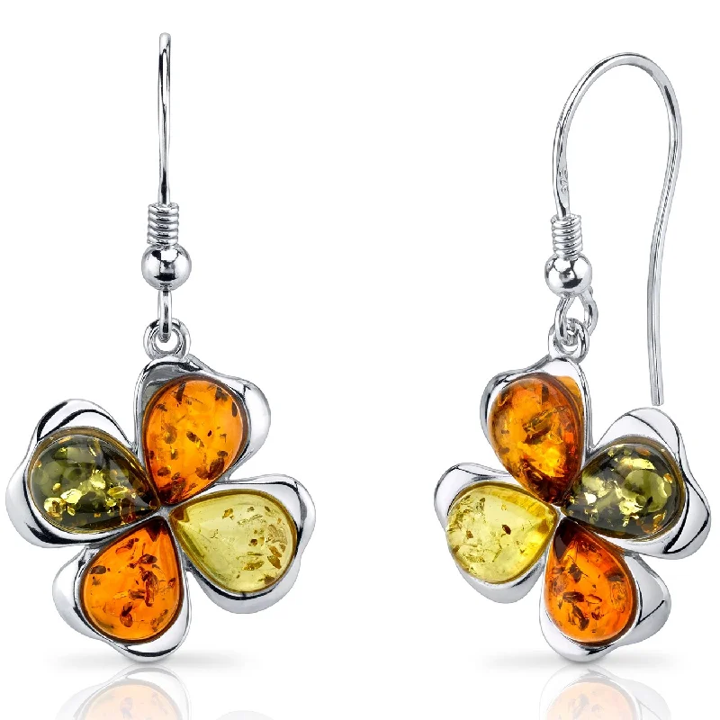 Baltic Amber Clover Earrings in Sterling Silver