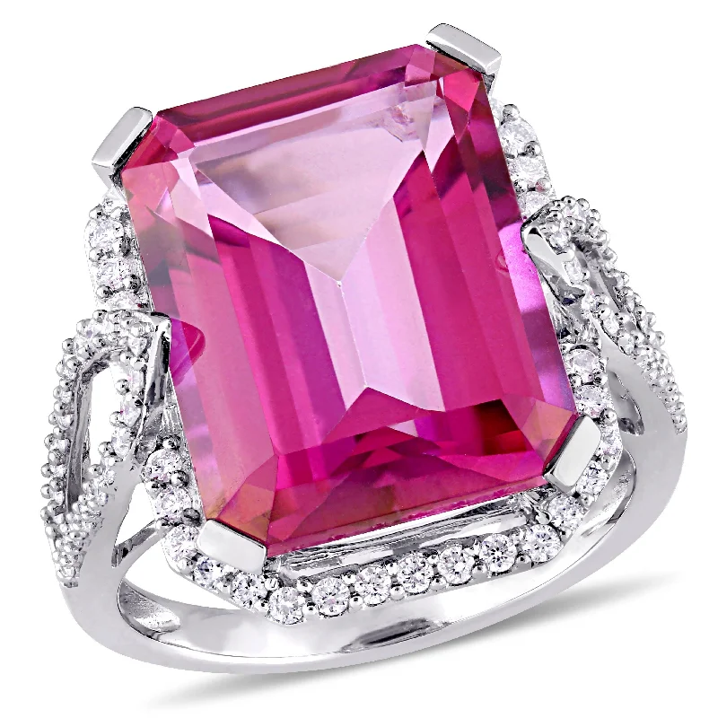 Miadora 14 1/2ct TGW Pink Topaz Octagon and 1/2ct TW Diamond Ring in 14k White Gold