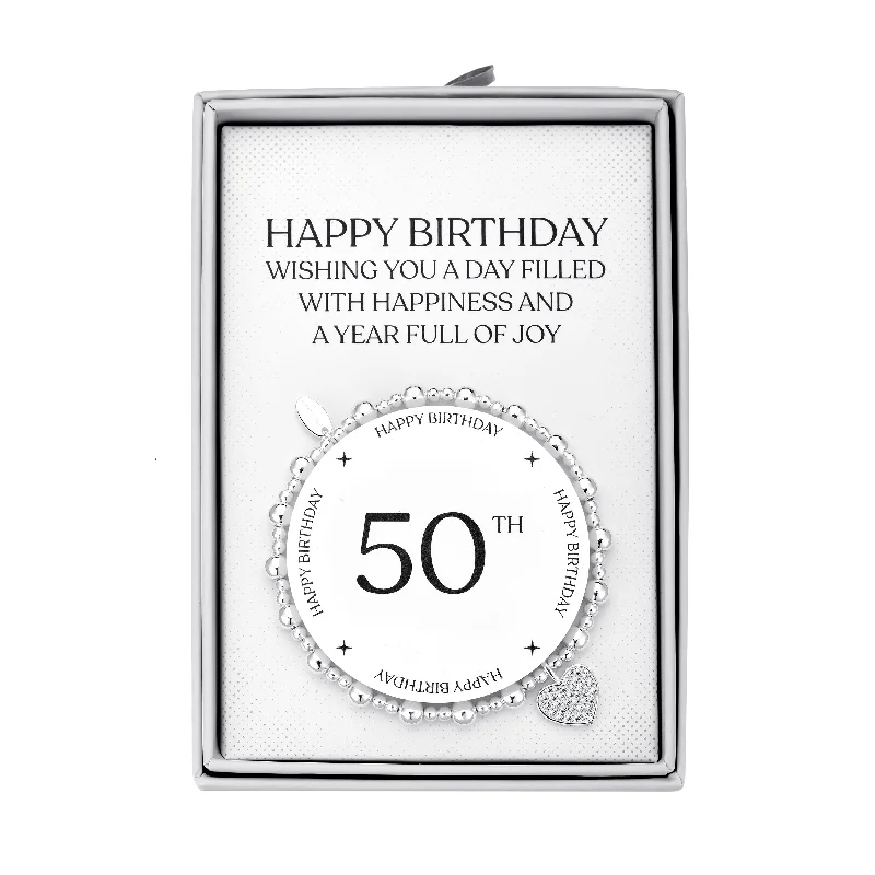 50th Birthday Heart Charm Stretch Bracelet with Quote Gift Box