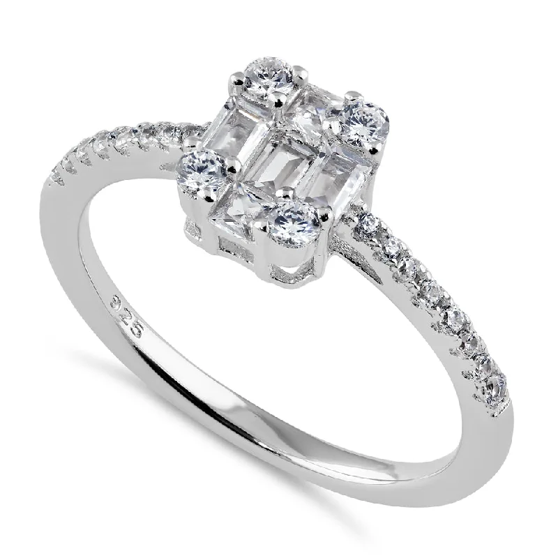 Sterling Silver Baguette Princess & Round Cut CZ Engagement Ring