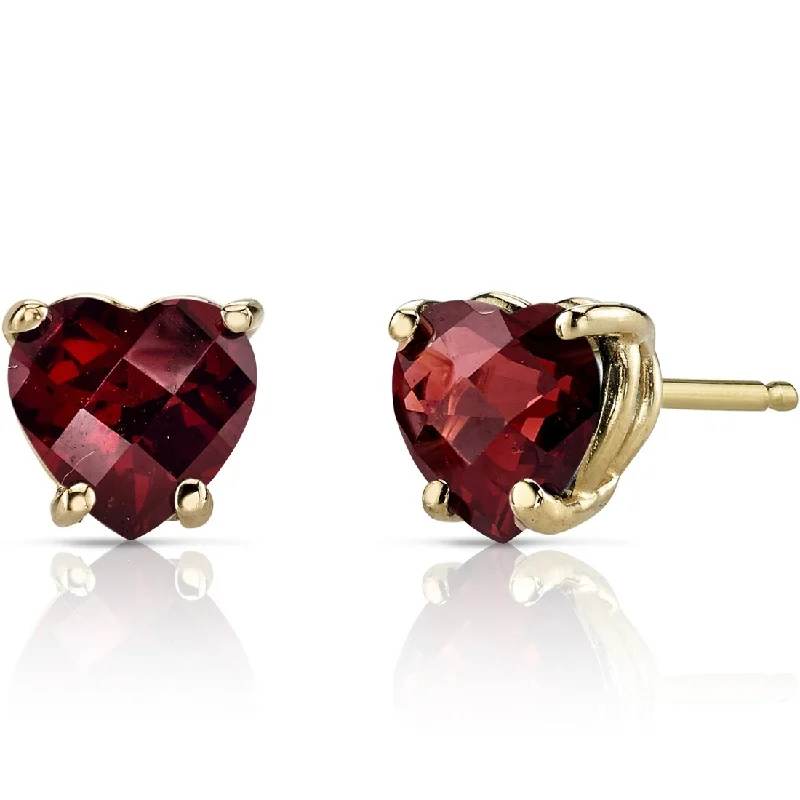 14k Yellow Gold Garnet Stud Earrings 1.74 ct Heart Shape