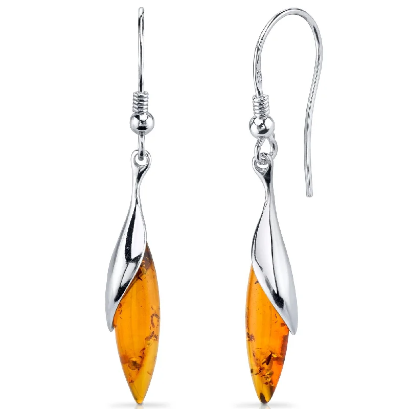 Baltic Amber Dangle Fish Hook Earrings in Sterling Silver