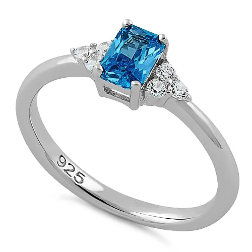 Sterling Silver Precious Emerald Cut Aqua Blue CZ Ring