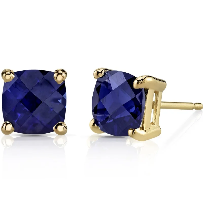 14k Yellow Gold Blue Sapphire Stud Earrings 2.6 ct Cushion Shape