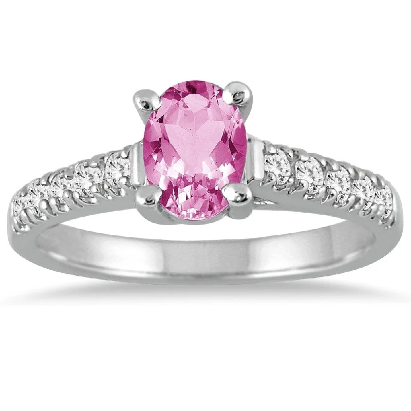 1 Carat Oval Pink Topaz and Diamond Ring in 14K White Gold