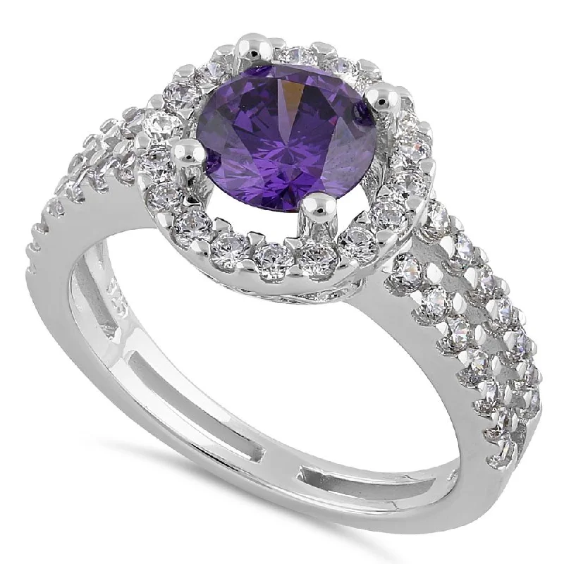 Sterling Silver Round Amethyst Halo CZ Ring