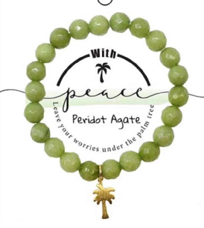 Palm Tree Peace Charm Semi-Precious Peridot Agate Stone Stretch Inspirational Bracelet