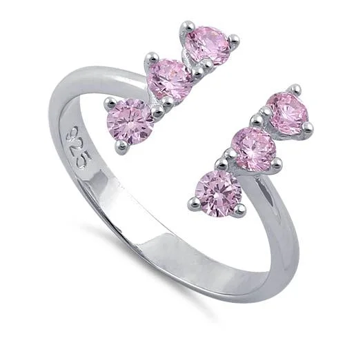 Sterling Silver Pink Six Round Stones Adjustable CZ Ring