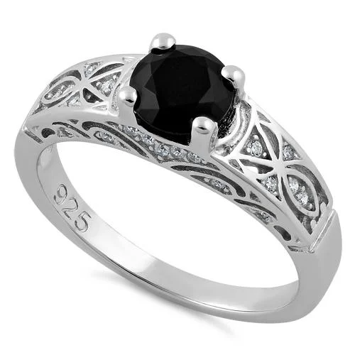 Sterling Silver Black Round Cut Engagement CZ Ring