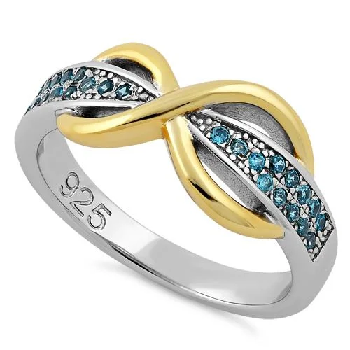 Sterling Silver Infinity Pave Two-Tone Aqua Marine CZ Ring