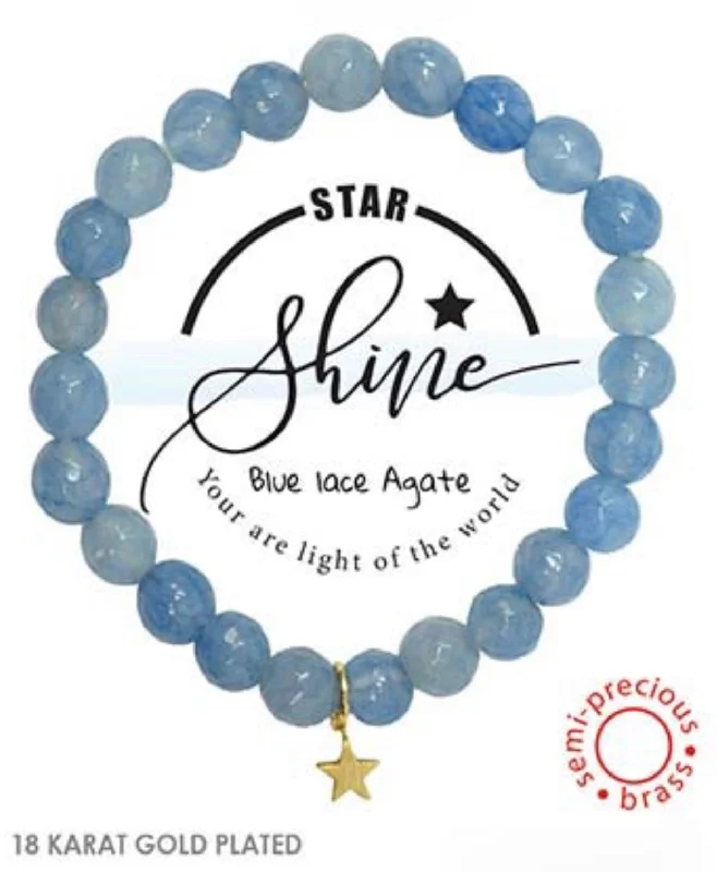 Star Charm Shine Semi-Precious Blue Lace Agate Stone Stretch Inspirational Bracelet