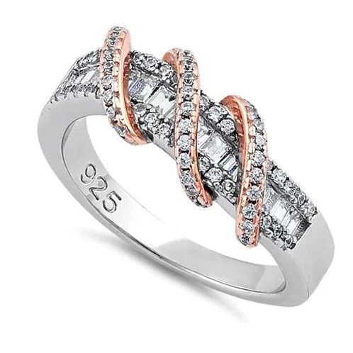 Sterling Silver Two Tone Rose Gold Plated Classic Twisted Clear CZ Ring