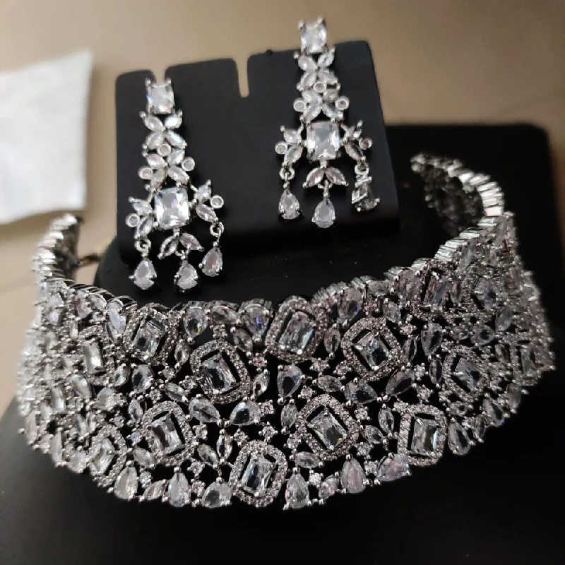 FS Collection Silver Plated AD Choker Necklace Set