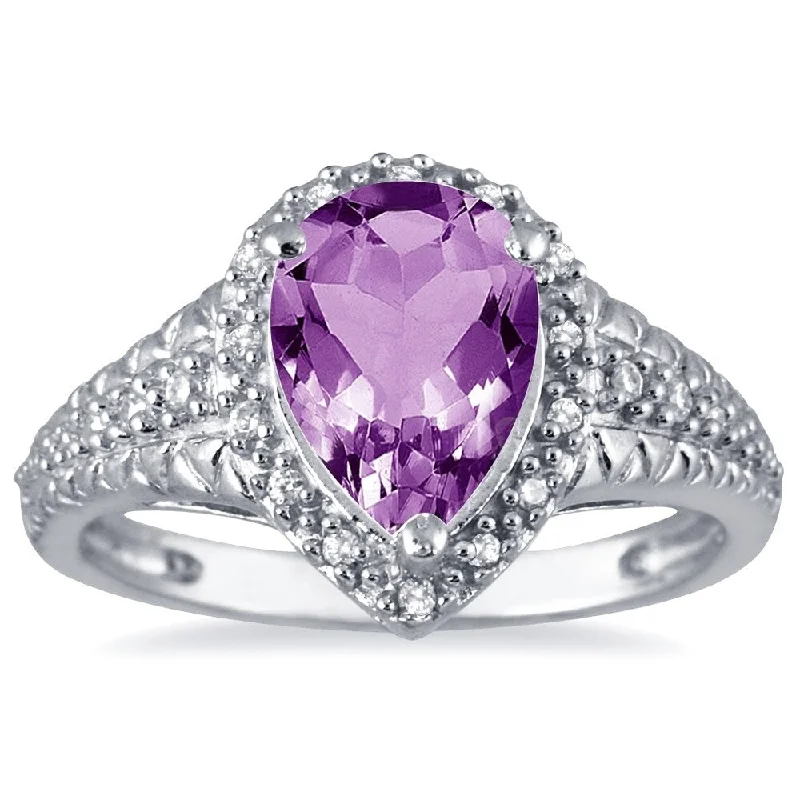 2 Carat Pear Shaped Amethyst and Diamond Ring in 10K White Gold