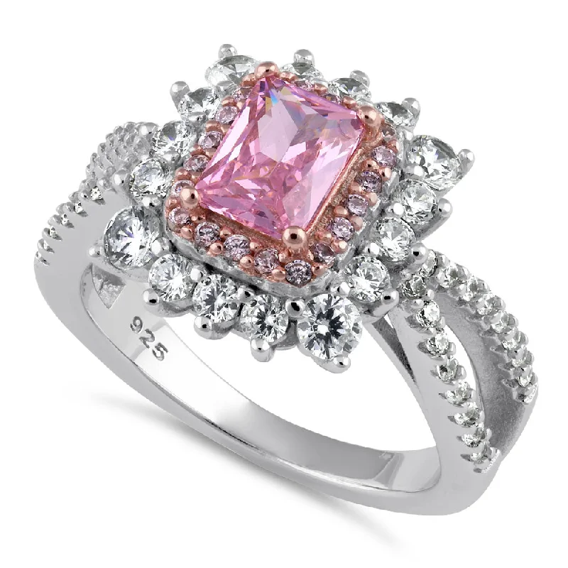 Sterling Silver Pink CZ Halo Ring