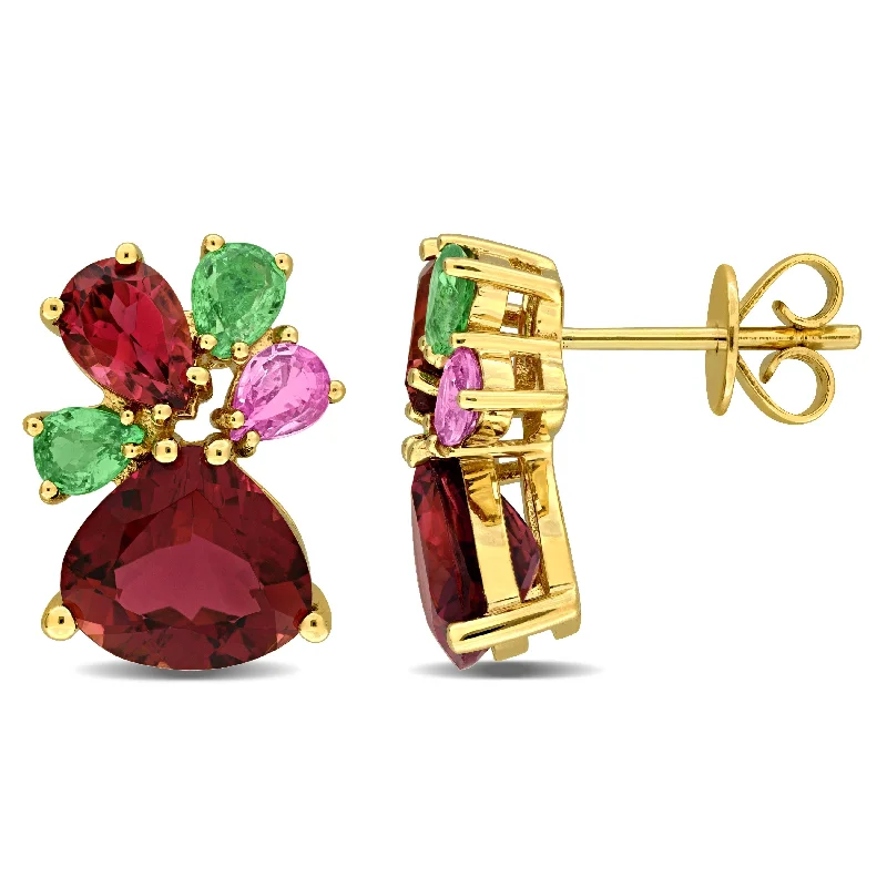 Miadora 5 1/4ct TGW Pink Sapphire, Pink Tourmaline and Tsavorite Cluster Earrings 14k Yellow Gold