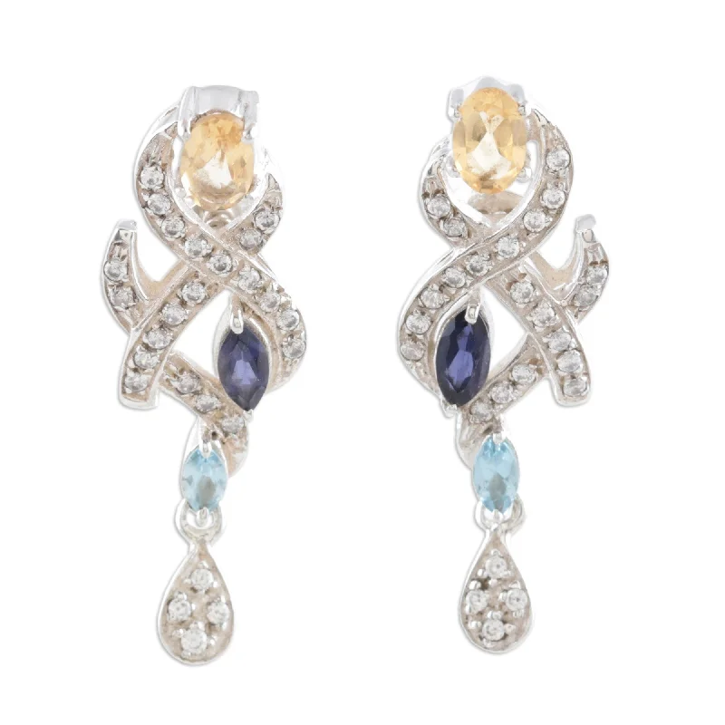 Novica Handmade Indian Sonnet Citrine And Blue Topaz Earrings