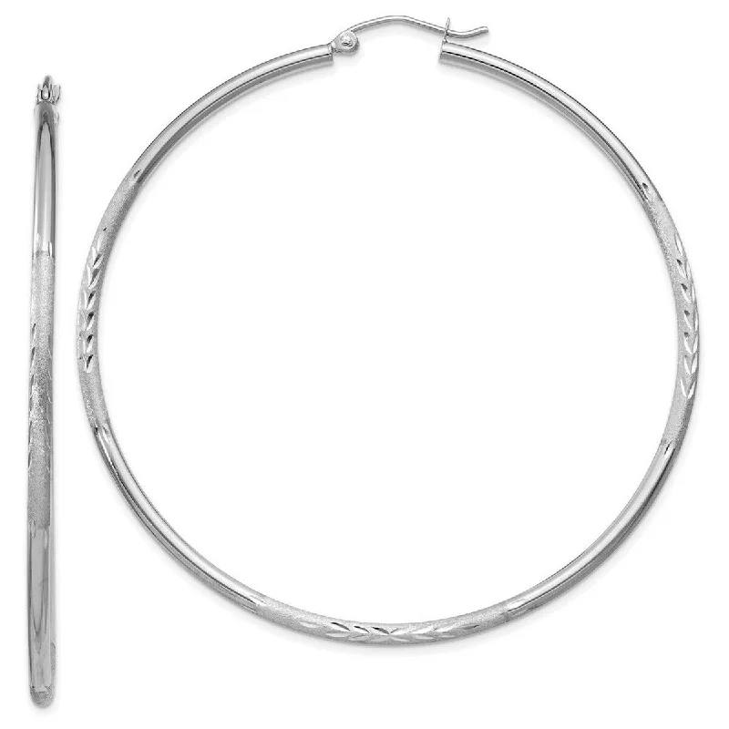 Curata 14k White Gold Satin and Sparkle Cut 56x2mm Round Hoop Earrings