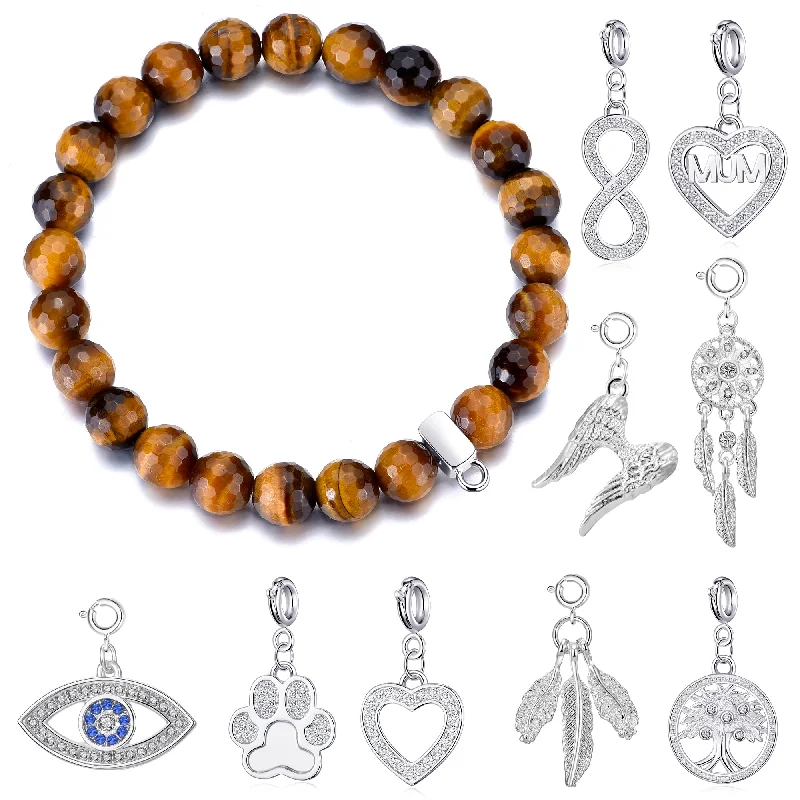 Faceted Tiger's Eye Gemstone Stretch Bracelet with Charm Created with Zircondia® Crystals