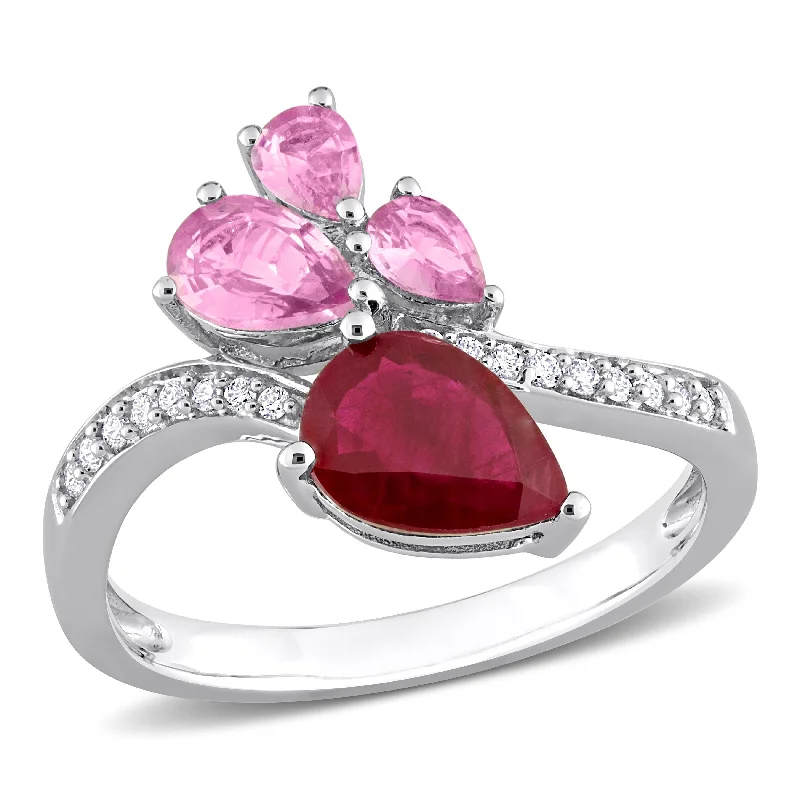 Miadora 2 1/5ct TGW Pear Cut Ruby and Pink Sapphire and 1/10ct TW Diamond Ring in 14K White Gold