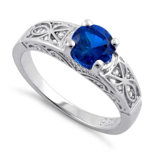 Sterling Silver Blue Spinel Round Cut Engagement CZ Ring