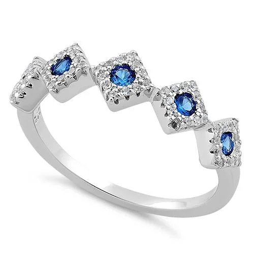 Sterling Silver Fiver Diamond Shape Blue Spinel CZ Ring