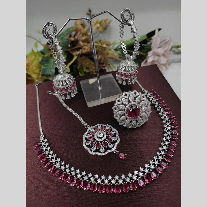 Aamrapali Silver Plated American Diamond Necklace Set With Ring