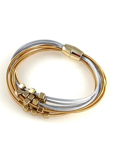 Two Tone Magnetic Bracelet with Multi-strand Piano Wire and Metal beads