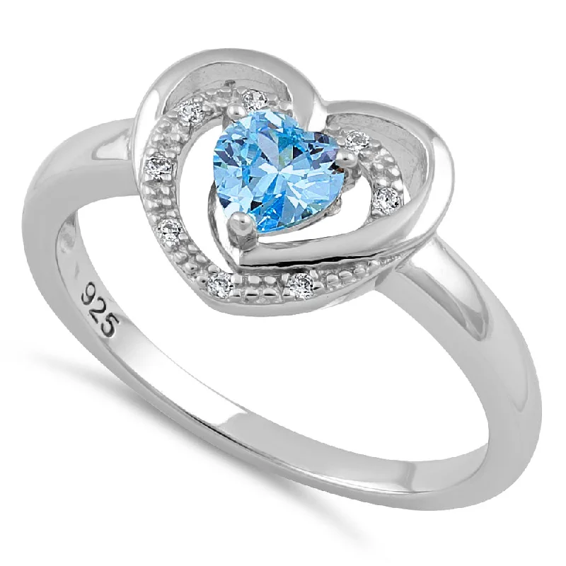 Sterling Silver Precious Heart Aqua Blue CZ Ring