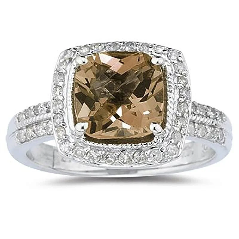 2 1/2 Carat Cushion Cut Smokey Quartz & Diamond Ring in 14K White Gold