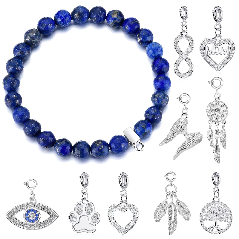 Faceted Lapis Gemstone Stretch Bracelet with Charm Created with Zircondia® Crystals