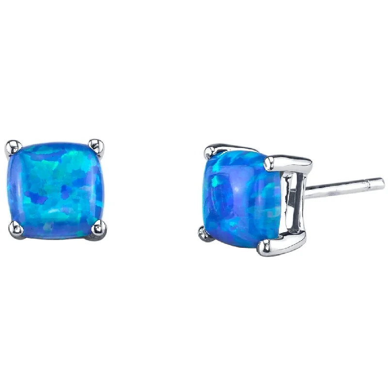 14k White Gold Blue Opal Stud Earrings 1 ct Cushion Shape