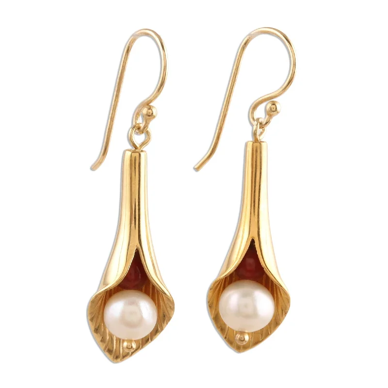 Novica Handmade Secret Lilies Gold Vermeil Pearl Flower Earrings