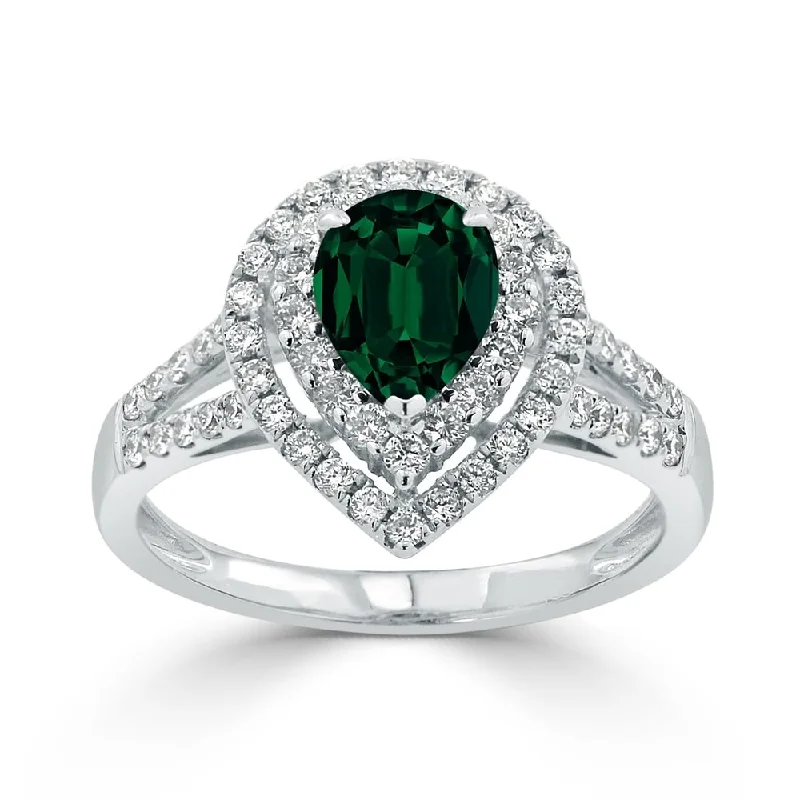 Auriya 1ct Pear-cut Green Emerald and Halo Diamond Ring 5/8ctw 18K Gold