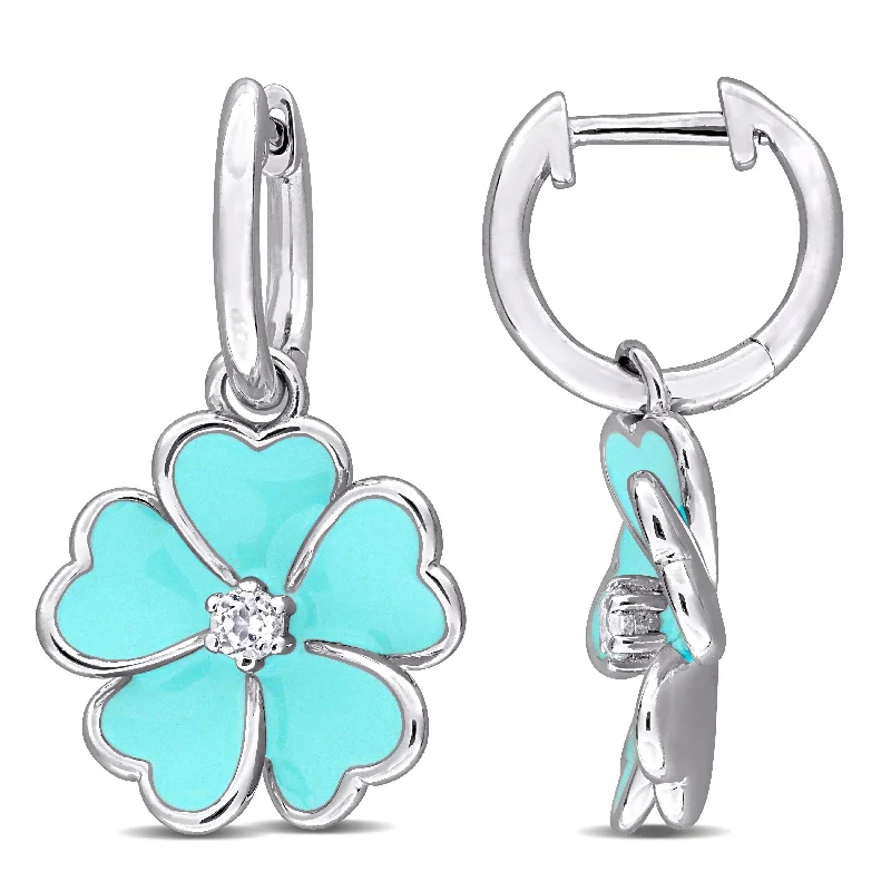 Miadora 1/6ct TGW White Topaz Light Blue Enamel Plated Flower Hoop Earrings in Sterling Silver