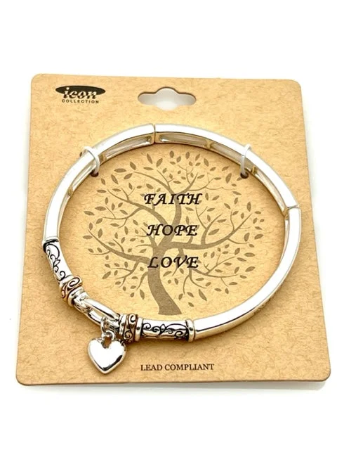 FAITH HOPE LOVE Silver Stretch Inspirational Charm bracelet