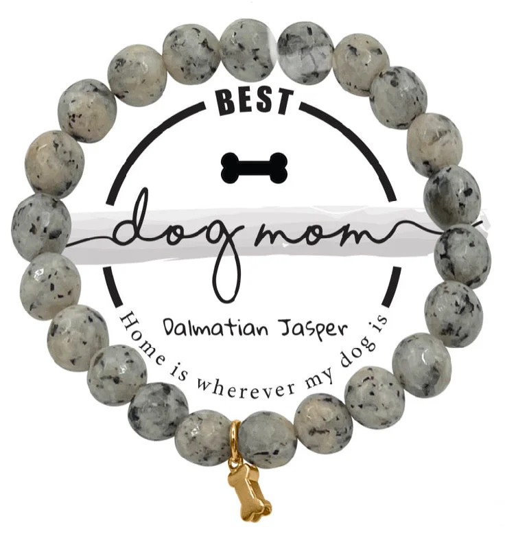 Dog Mom Charm Semi-Precious Dalmatian Jasper Stone Stretch Inspirational Bracelet