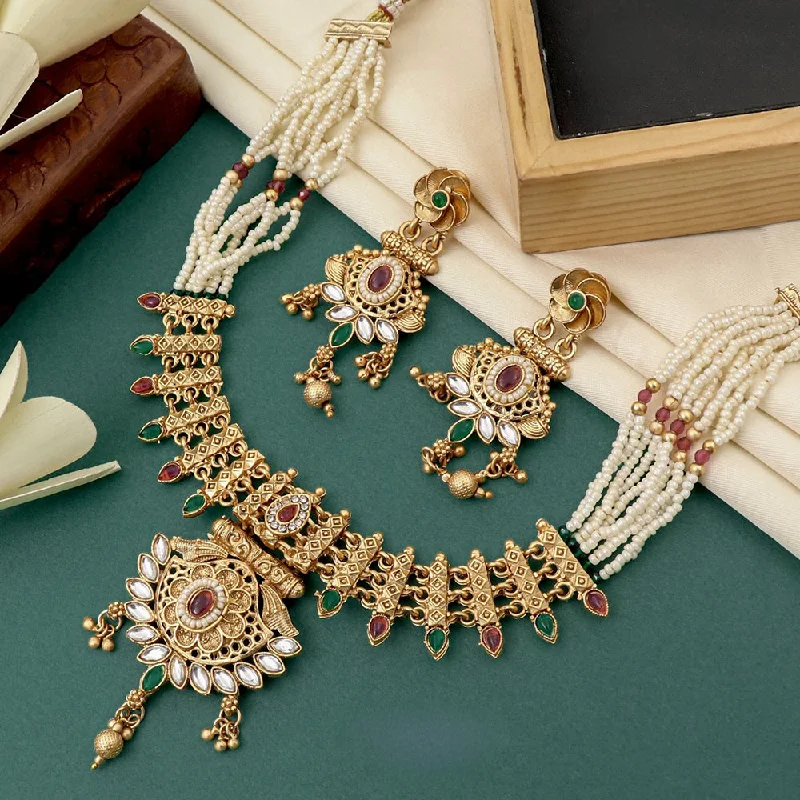 FS Collection Gold Plated Kundan Stone And Pearl Necklace Set