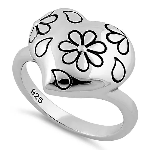 Sterling Silver Flower Leaf Heart Ring