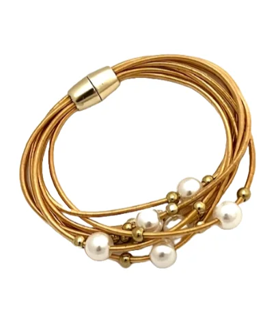 Gold Magnetic Bracelet with Multi-strand Piano Wire and Pearls