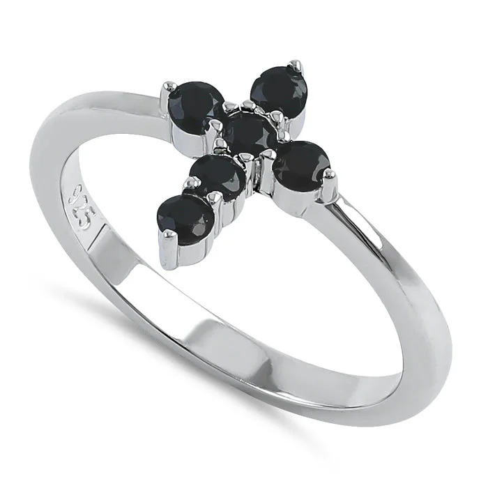 Sterling Silver Cross Black CZ Ring