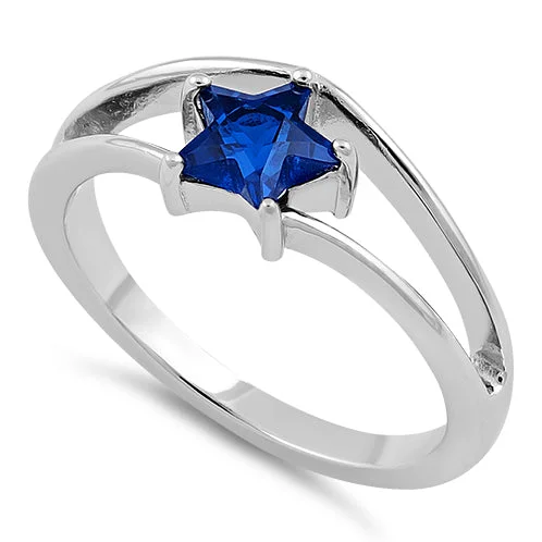 Sterling Silver Blue Sapphire Star Cut CZ Ring