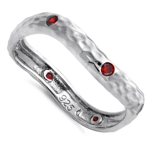 Sterling Silver Wavy Hammered Garnet CZ Ring